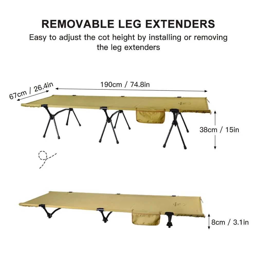 Quality Folding Camping Cot with Leg Extenders – 7075 Aluminium Frame 900D Oxford Fabric Adjustable Height for Camping Hiking Travel Soft