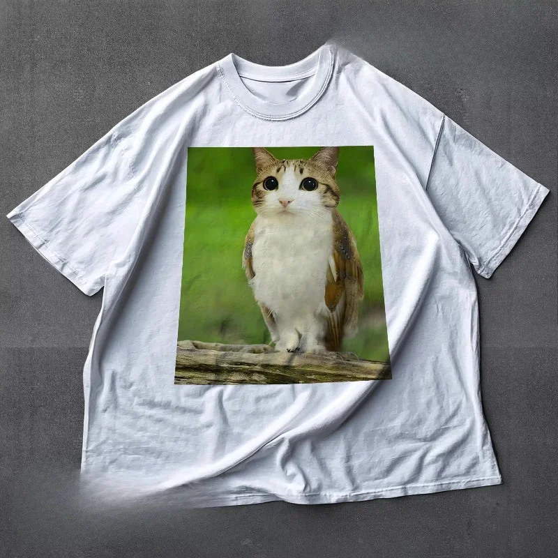 Fashionable Cat Owl Graphic T-Shirt – Black White Crew Neck Short Sleeve Tee Practical