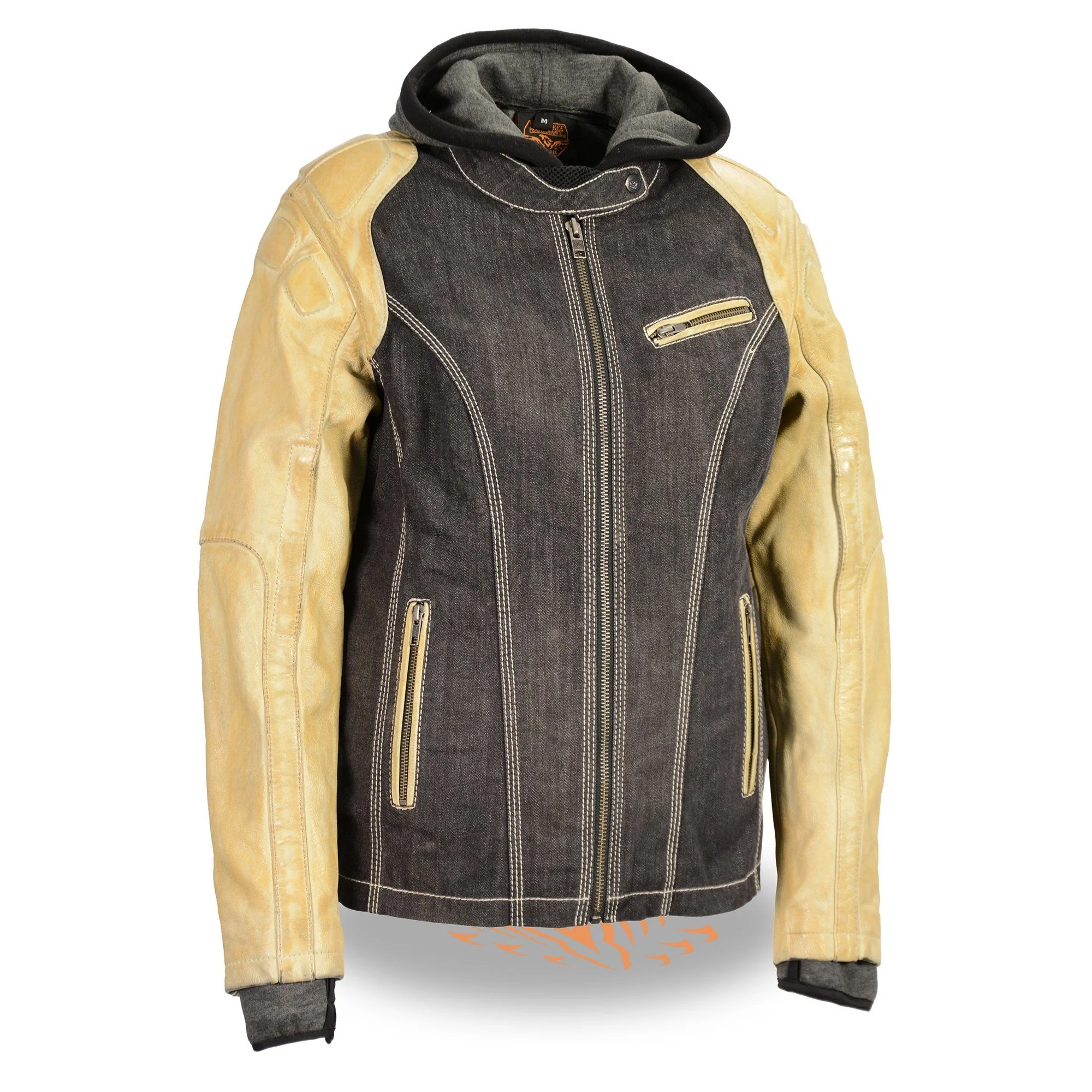 Reusable Milwaukee Leather MDL2005 Ladies Hooded Two Tone Black and Beige Denim and Leather Scuba Jacket Professional