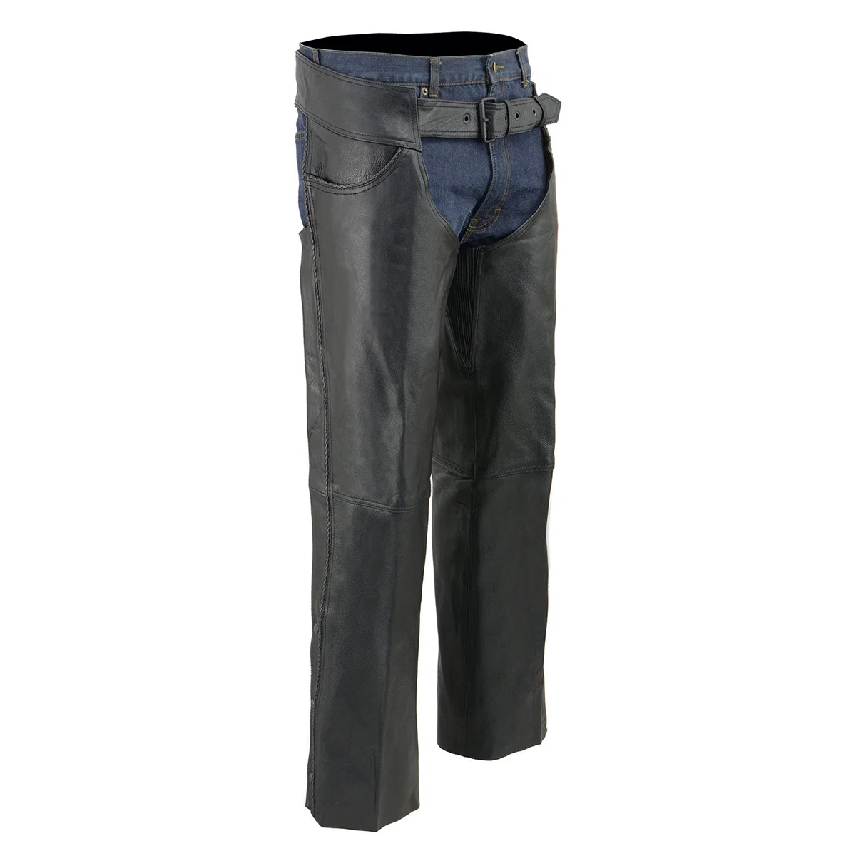 Superior Milwaukee Leather Chaps for Men’s Black Thin Braided Premium Leather Jean Style Pocket Motorcycle Chaps-ML1125 Exceptional
