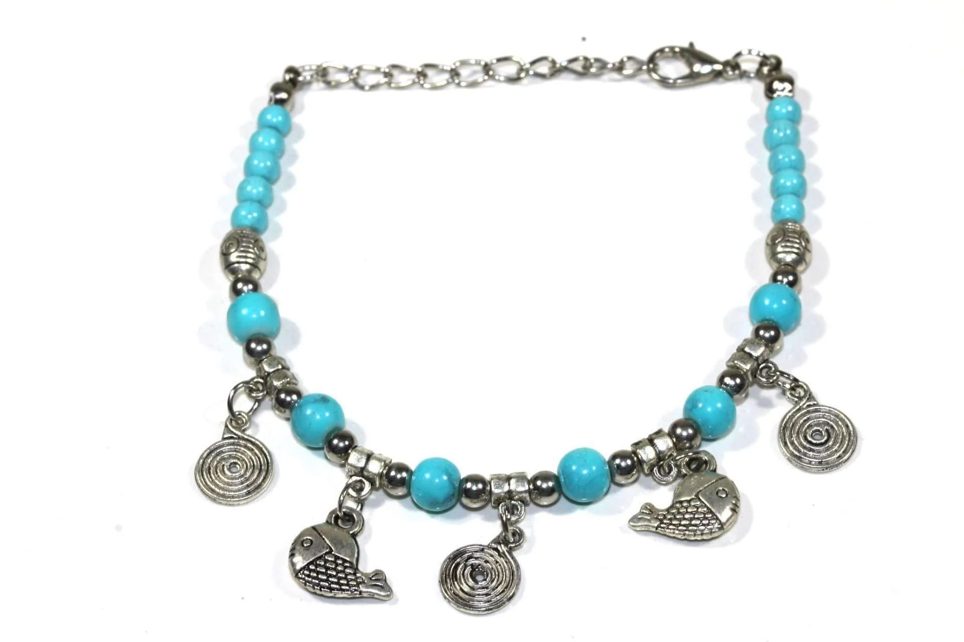 Carefully Designed Turquoise Bead Charm Bracelet with Fish Spiral Charms Proven