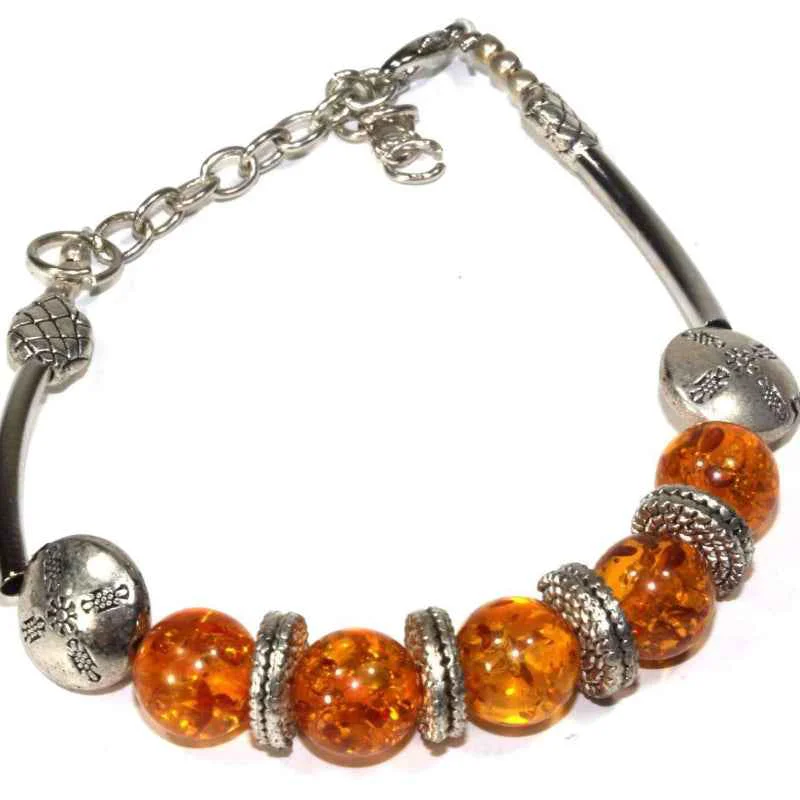 Contemporary Silver-Tone Charm Bracelet with Amber-Colored Beads Enhanced