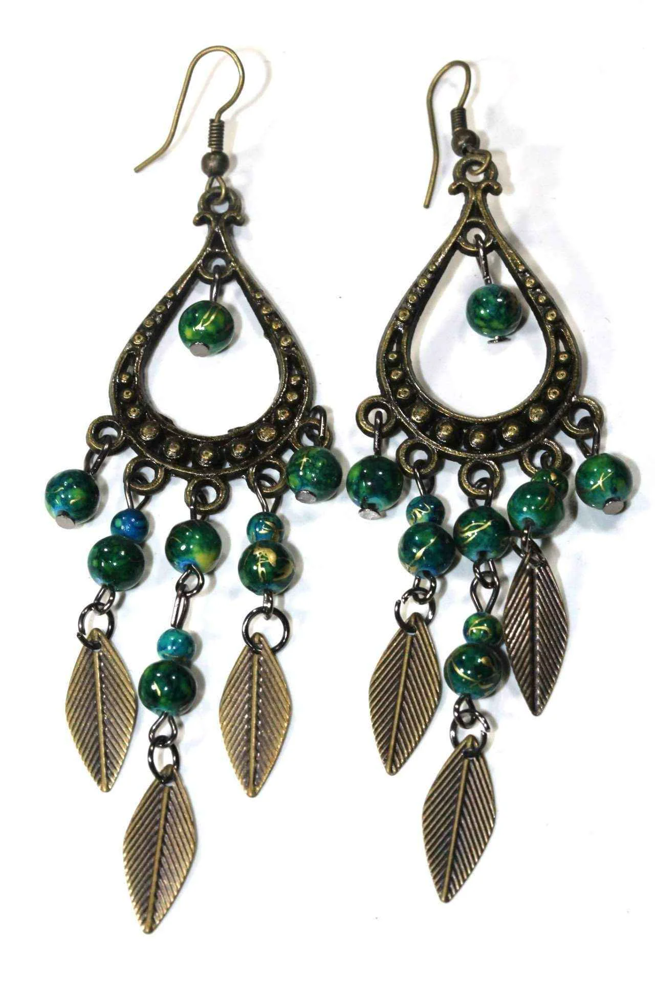 Organic Leaf Charm Dangle Earrings with Colorful Beads Trendy