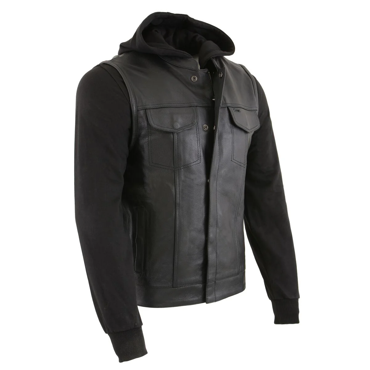 Enhanced Milwaukee Leather LKM3714 Men’s Black Club Style ‘2 in 1’ Zipper Leather Vest with Removable Full Sleeve Hoodie World-Class