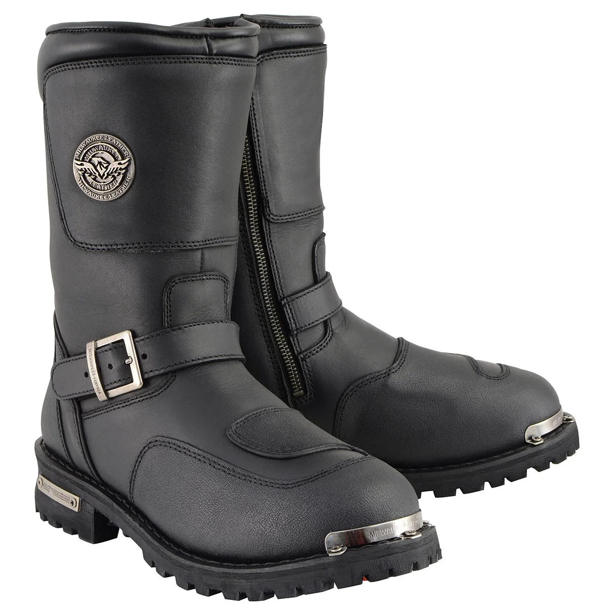 Effective Milwaukee Leather Men’s Black Leather Classic Engineer Motorcycle Boots w Reflective Piping Gear Shift Protection MBM9070 Crafted