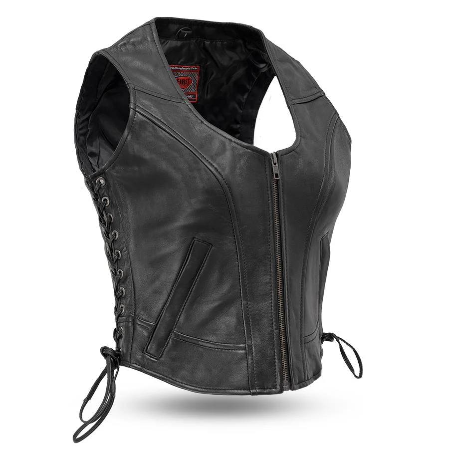 Sustainable First Manufacturing FIL542GDD Women’s The Raven Motor Fashion Style Black Leather Vest Carefully Designed