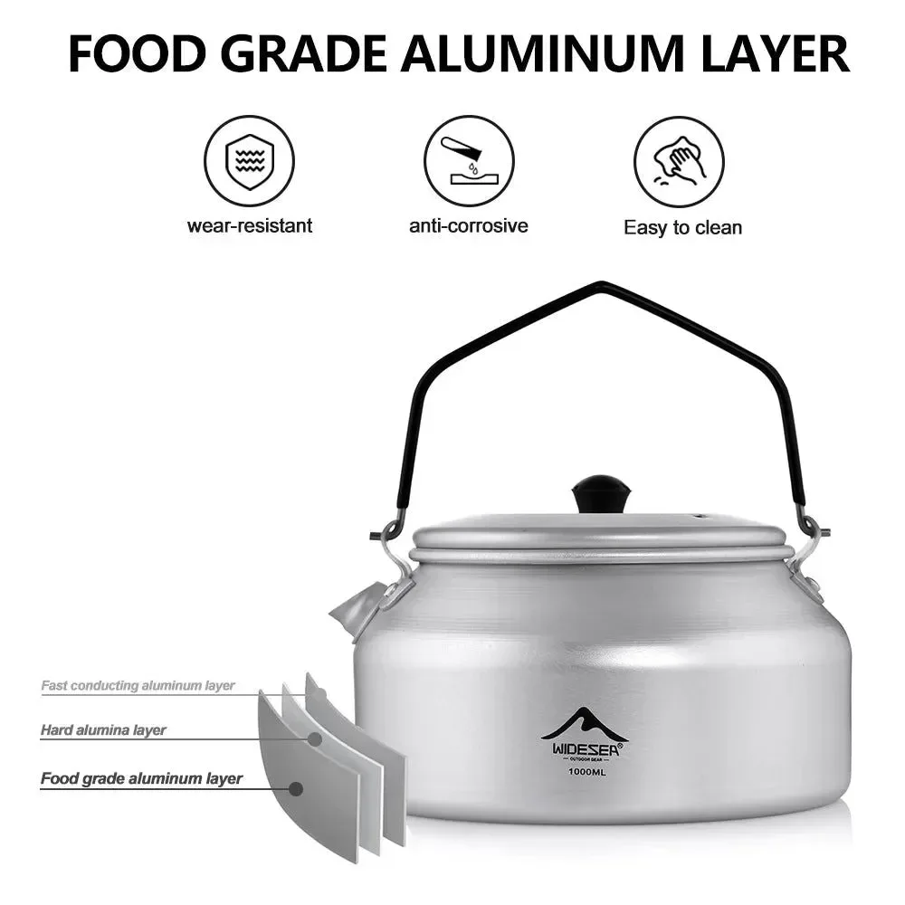 Solid 1L Pure Aluminum Camping Kettle with Short-Hole Removal Handle Lightweight Portable Travel Cookware Green