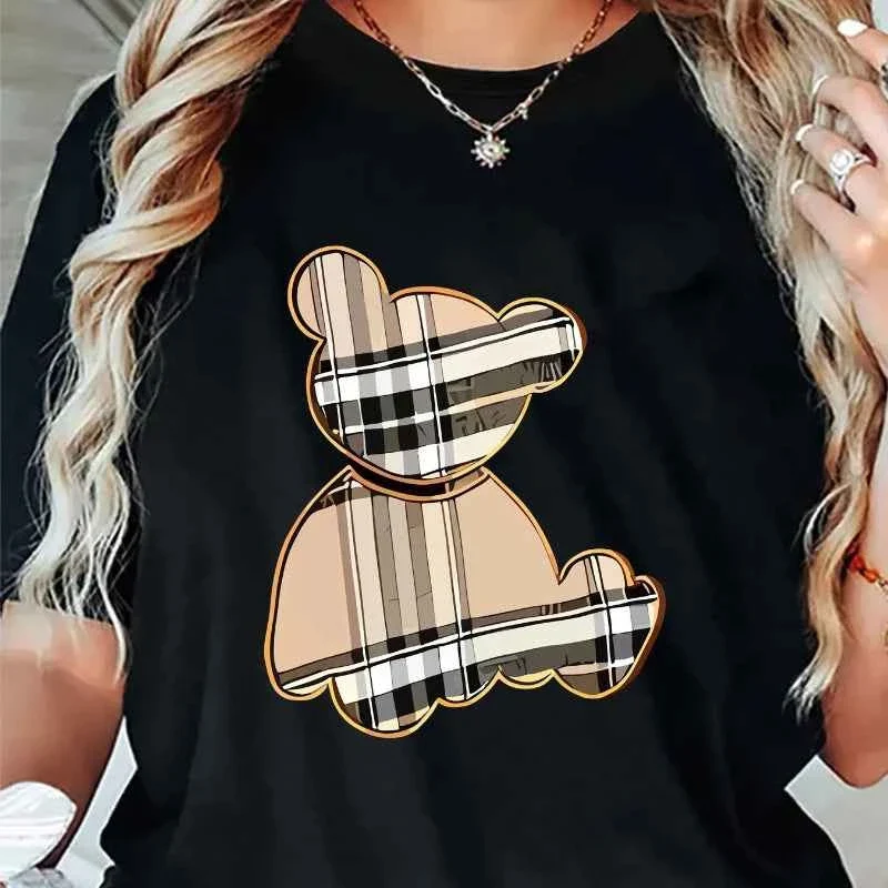 Effective Cute Teddy Bear Graphic T-shirt – Stylish Casual Wear for Women Black White Grey