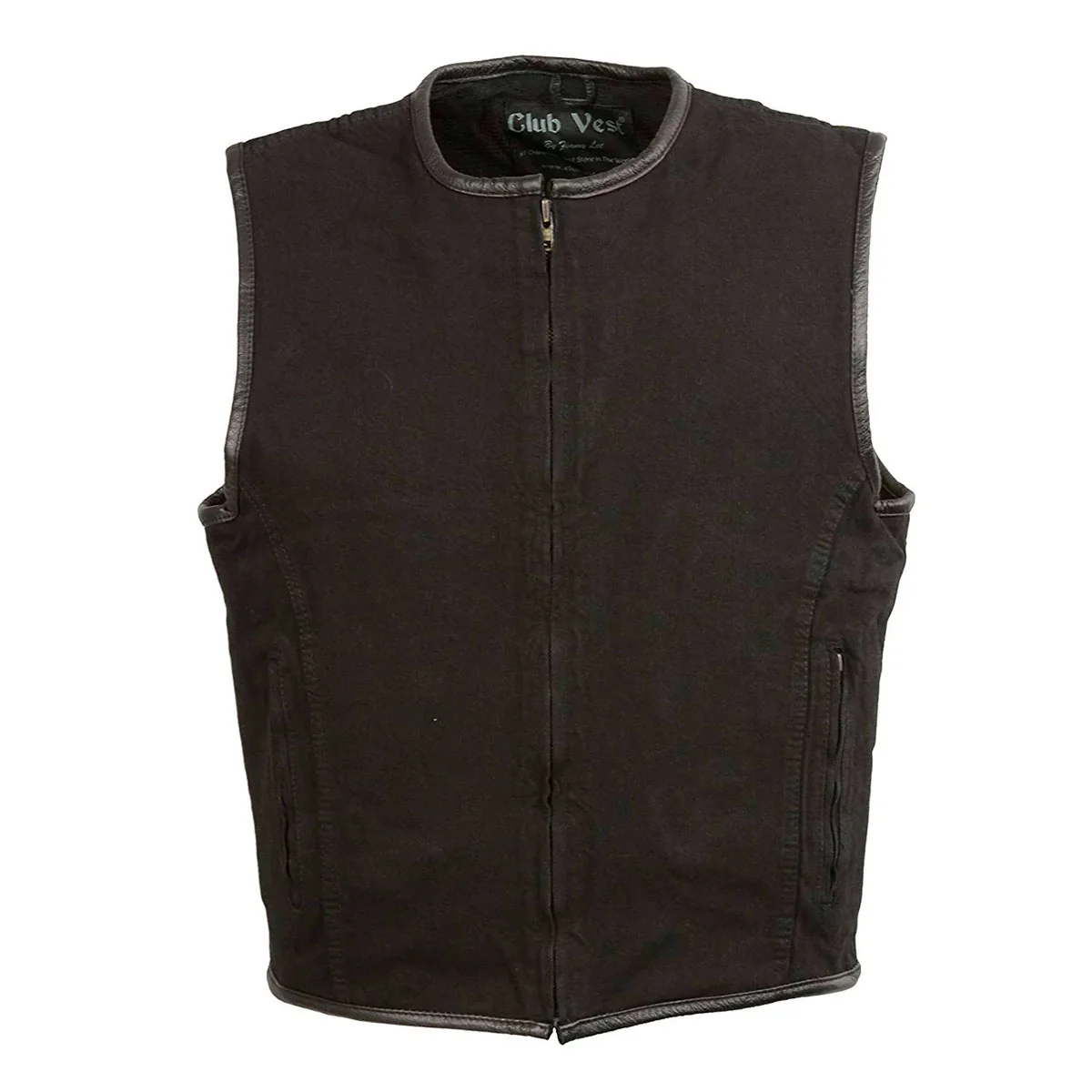 Dependable Club Vest CVM3038 Men’s Black Denim Collarless Motorcycle Club Style Vest with Leather Trim Trendy