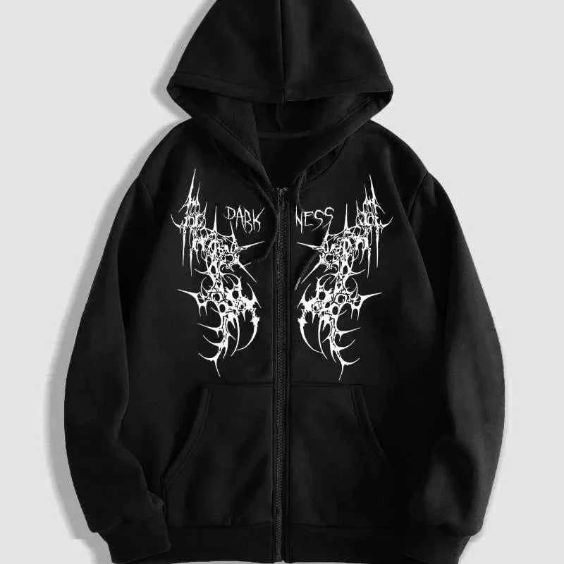 Proven DARK NESS Black Gothic Graphic Zip-Up Hoodie with Front Zipper Hood Expertly Made