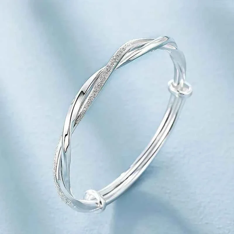 Solid Silver-Tone Twisted Bangle Bracelet – Polished Textured Open Wrist Bracelet Powerful
