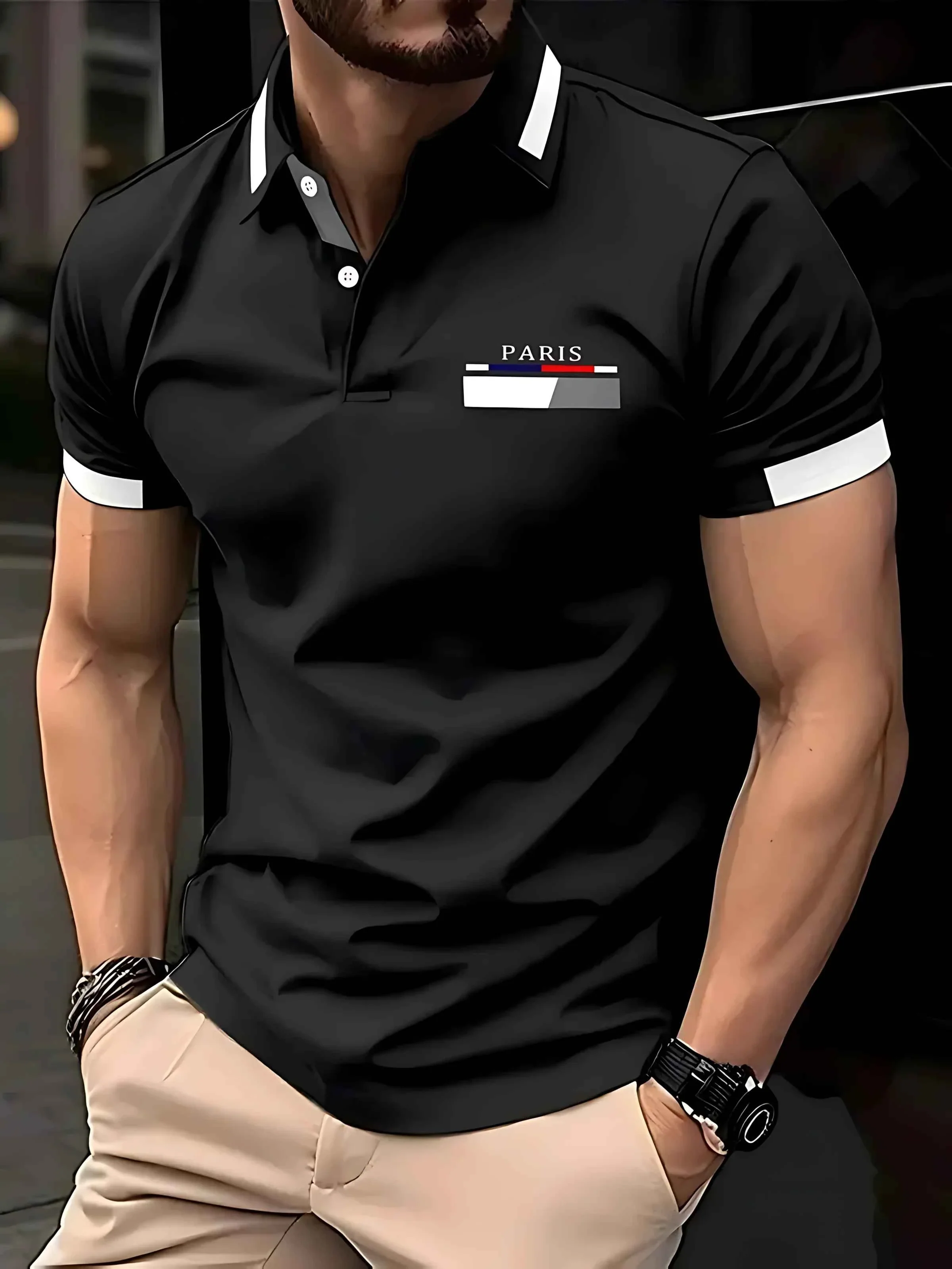 Genuine PARIS Men s Solid Color Polo Shirt with Contrast Collar Sleeve Trim Breathable