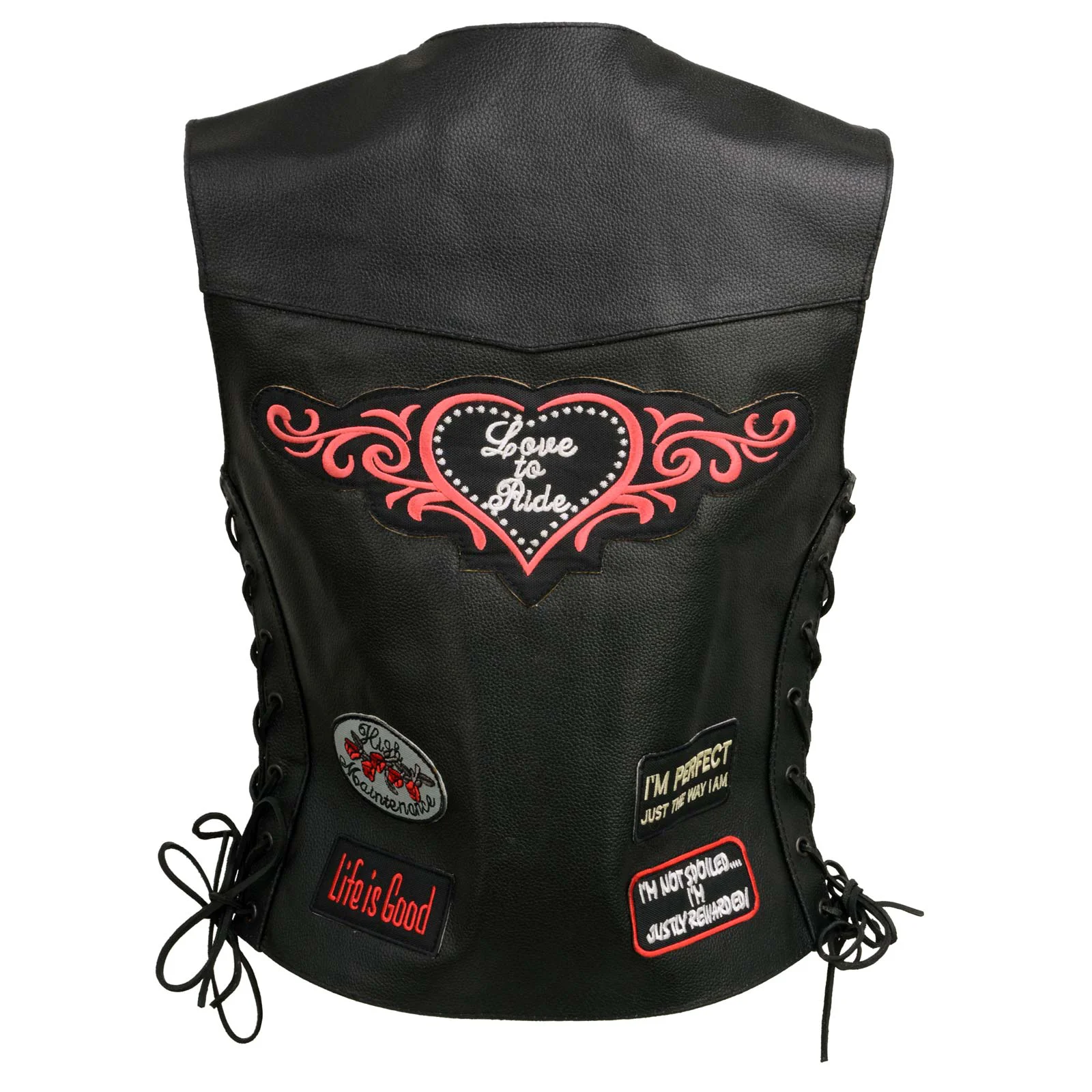 Specialty Event Leather ELL4900 Women s ‘Love to Ride’ Black Leather Motorcycle Patched Embroidered Vests with Side Laces Traditional
