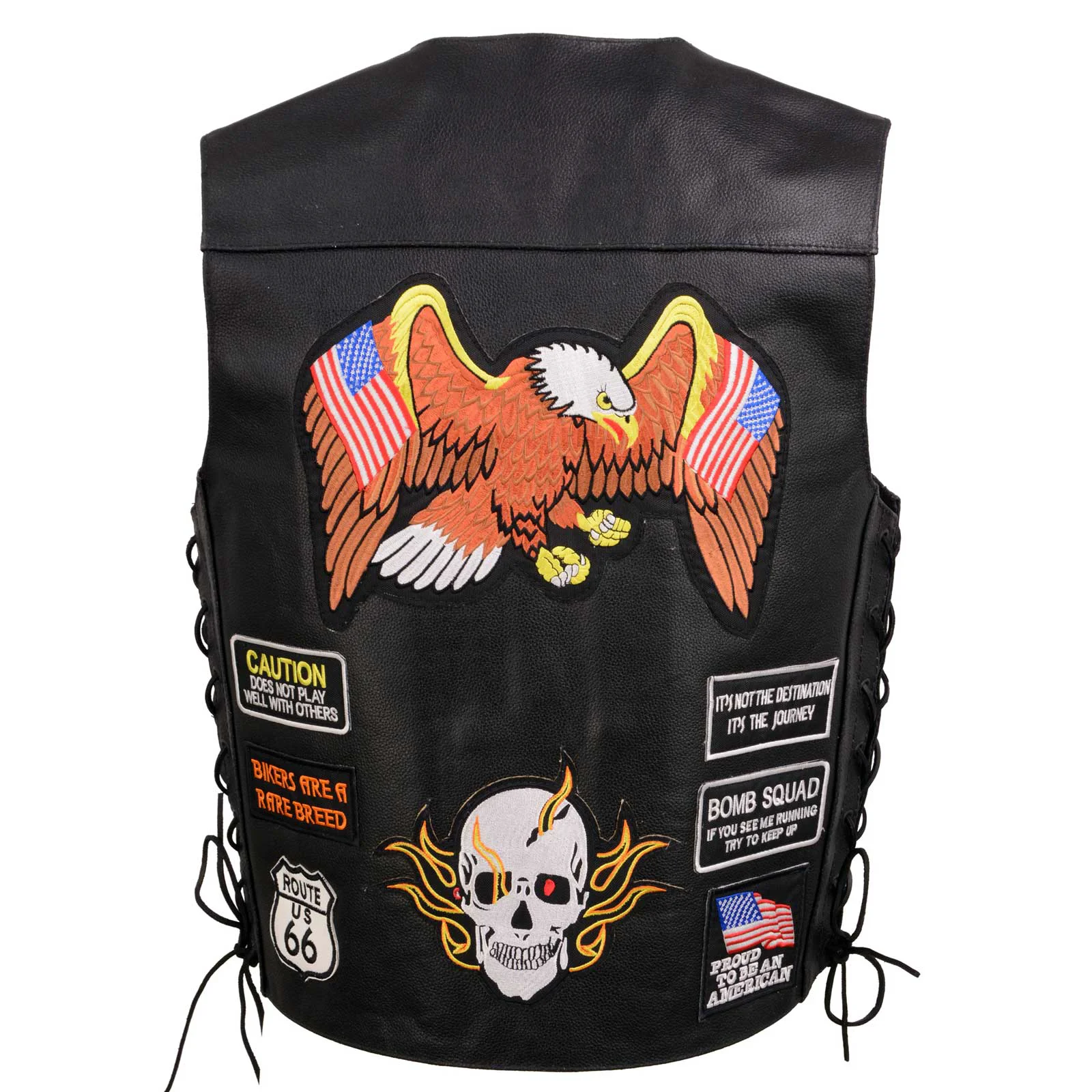 Healthy Event Leather ELM3920 Men’s Black Leather Pre-Patched Bikers Vest w 6 Pockets – 23 Patches and Side Laces High-Grade