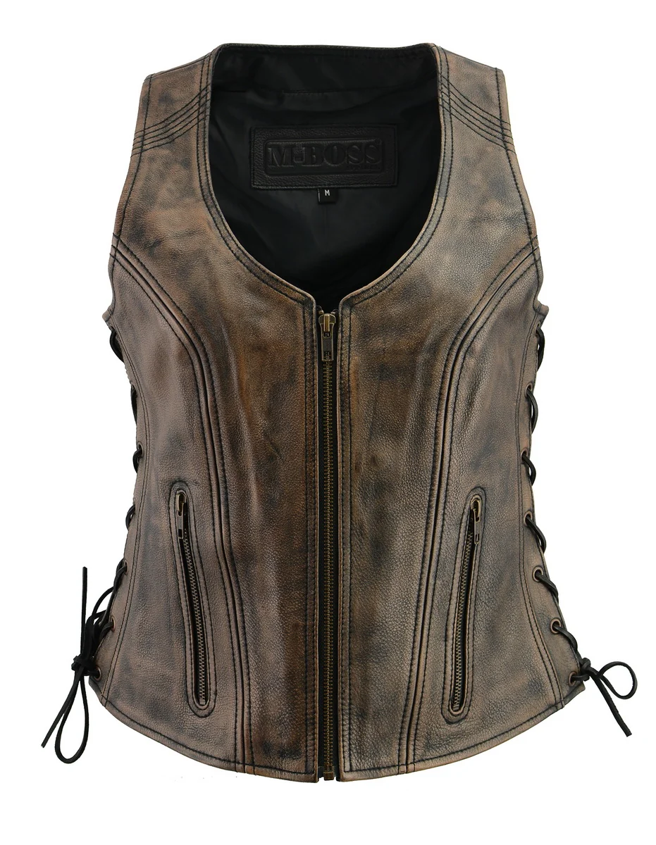 Original M Boss Motorcycle Apparel BOS24503 Ladies Black and Beige Leather Side Lace Zipper Front Vest Comfortable