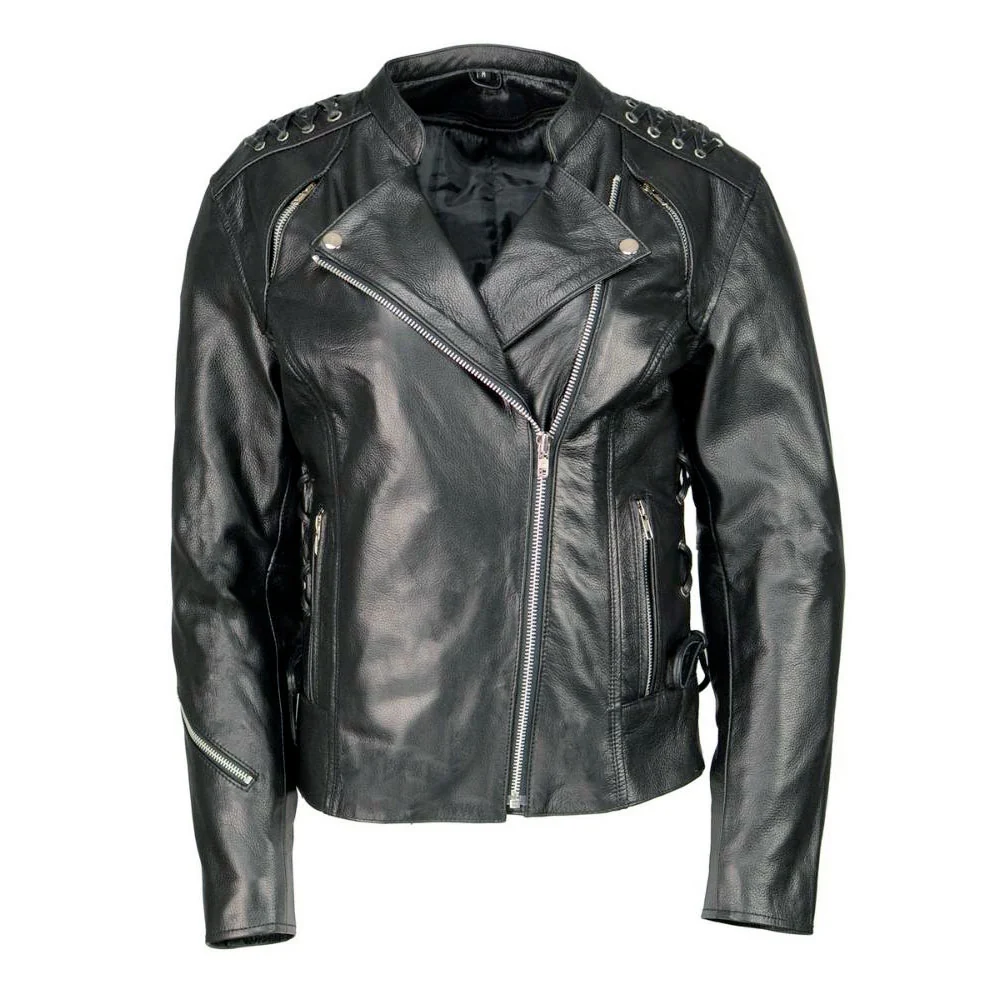 Official M Boss Motorcycle Apparel BOS22503 Women’s Black Armored Motorcycle Leather Jacket with Back Lacing Detail Outstanding