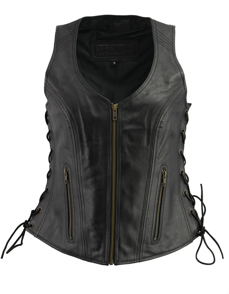 Selected M Boss Motorcycle Apparel BOS24503 Women’s Black Leather Motorcycle Biker Rider Vest with Side Laces Verified