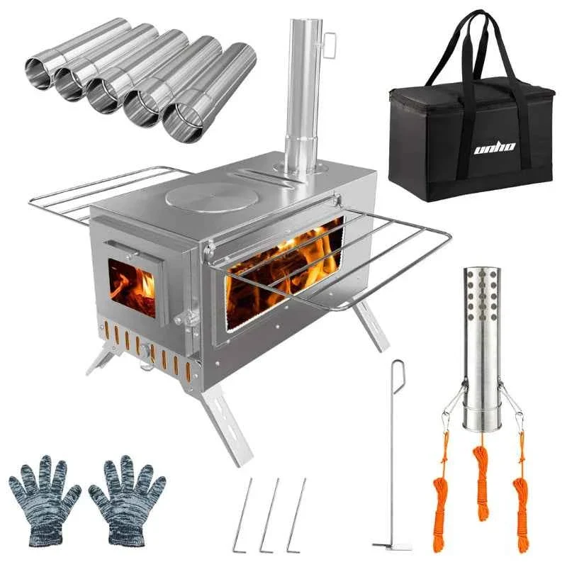 Original UNHO Hot Tent Wood Burning Stove Portable Camping Stove with 6 Stainless Steel Chimney Pipes for Outdoor Heating Cooking Practical