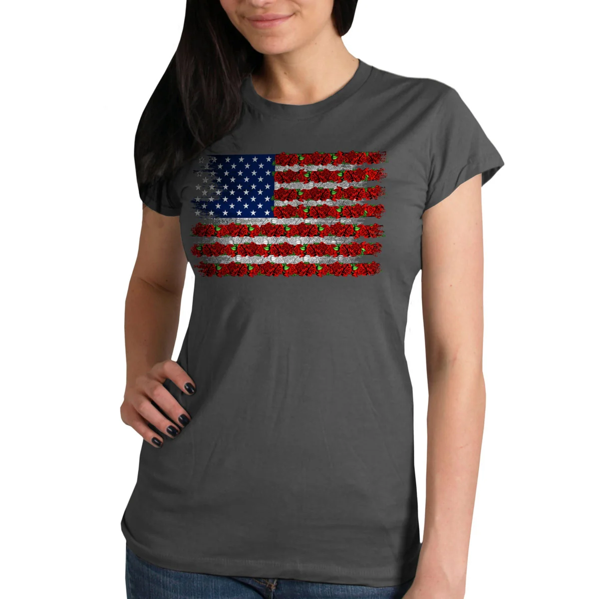 Prestigious Hot Leathers GLR1567 Women’s Charcoal Short Sleeve Flag Rose T-Shirt Crafted