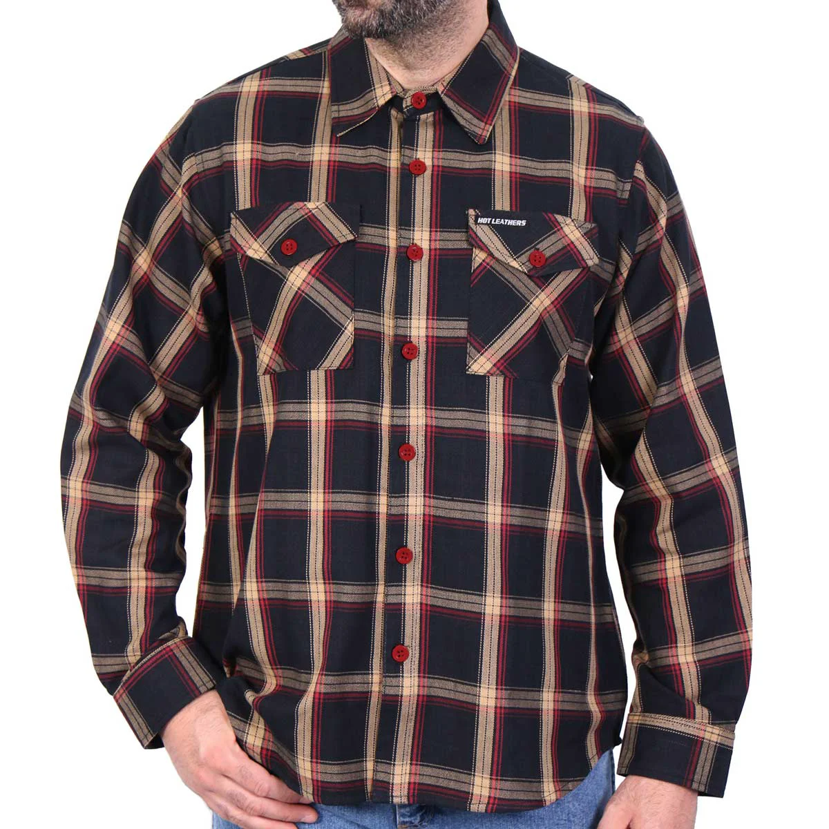 Organic Hot Leathers FLM2038 Men’s Black Tan and Red Long Sleeve Flannel Shirt High-Grade