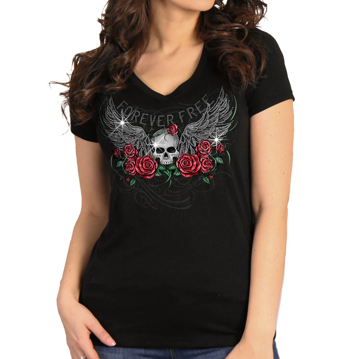 High-End Hot Leathers GLR1575 Women’s Black Short Sleeve Skull Wing Roses T-Shirt Secure