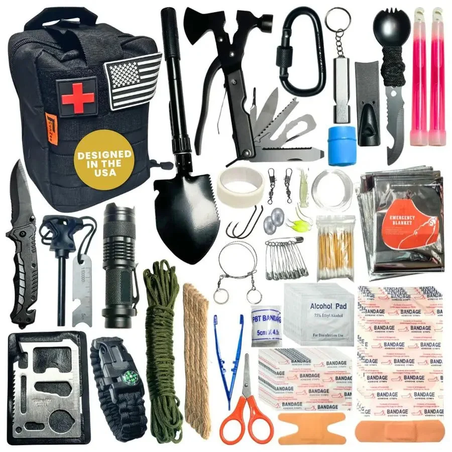 Exclusive 175Piece Survival Kit First Aid Kit for Emergency and Outdoor Adventures IFAK Fishing Gear MOLLECompatible Bag Car Travel SPECIFICATIONS Responsible