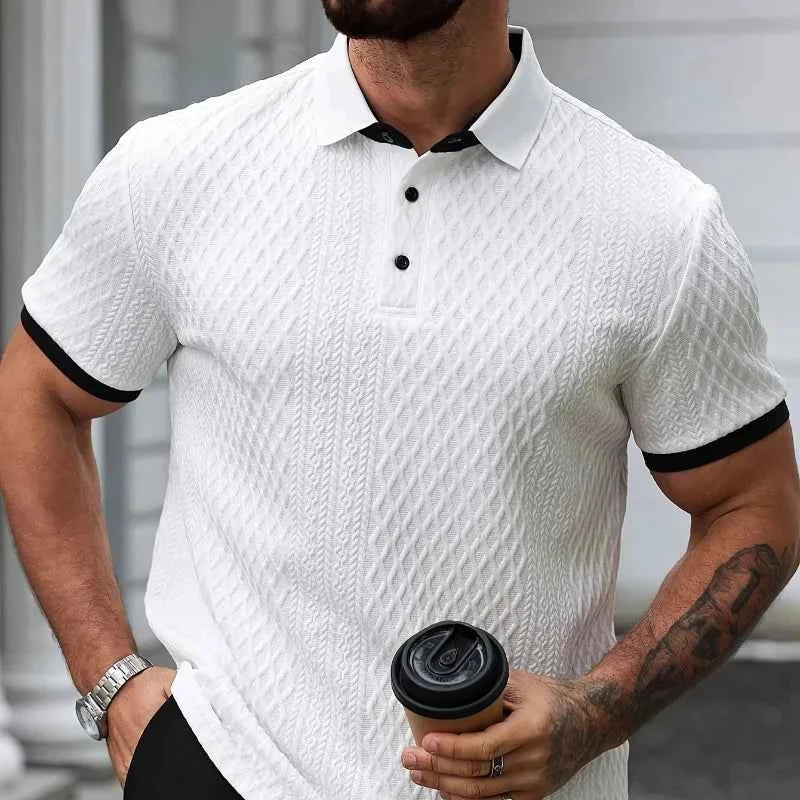 Premium Material Men s White Textured Short-Sleeve Polo Shirt with Black Contrast Trim Superior
