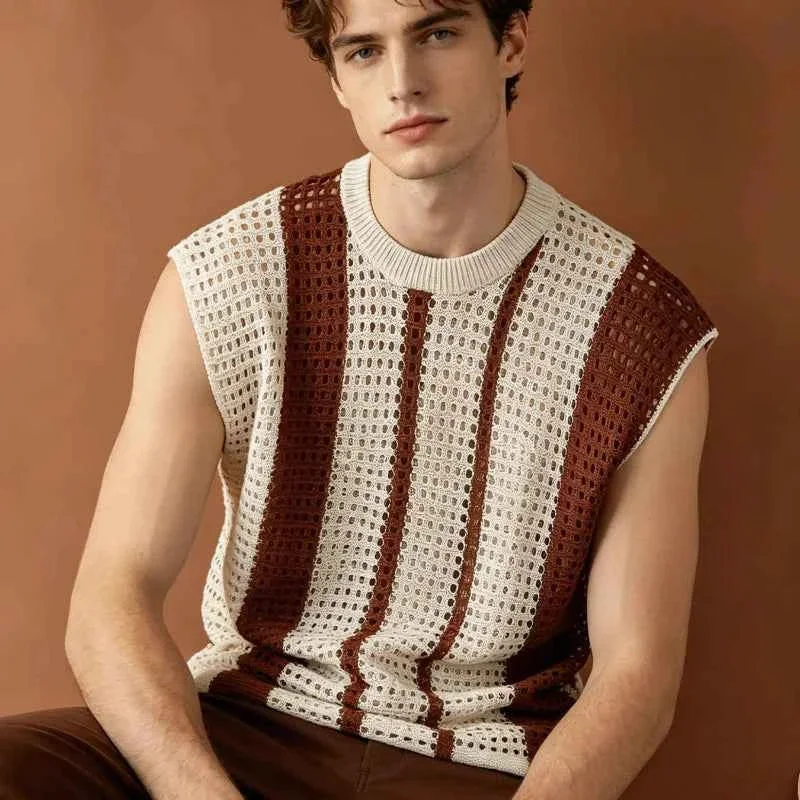 Trendy Men s Striped Open-Knit Sleeveless Sweater Vest with Crew Neck World-Class