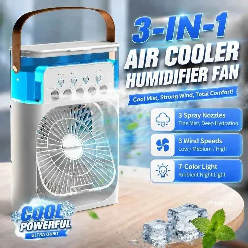 Elegant 3-in-1 Portable Air Cooler Humidifier Fan with 600ml Water Tank 3 Speeds 7-Color Light Breathable