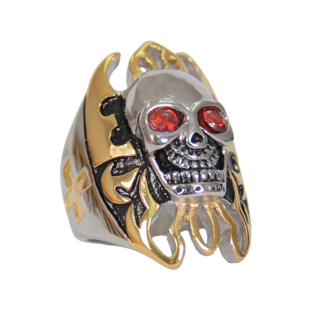 Safe Hot Leathers JWR2220 Men’s Silver ‘Skull and Gold Tone Flames’ Stainless Steel Ring Optimized
