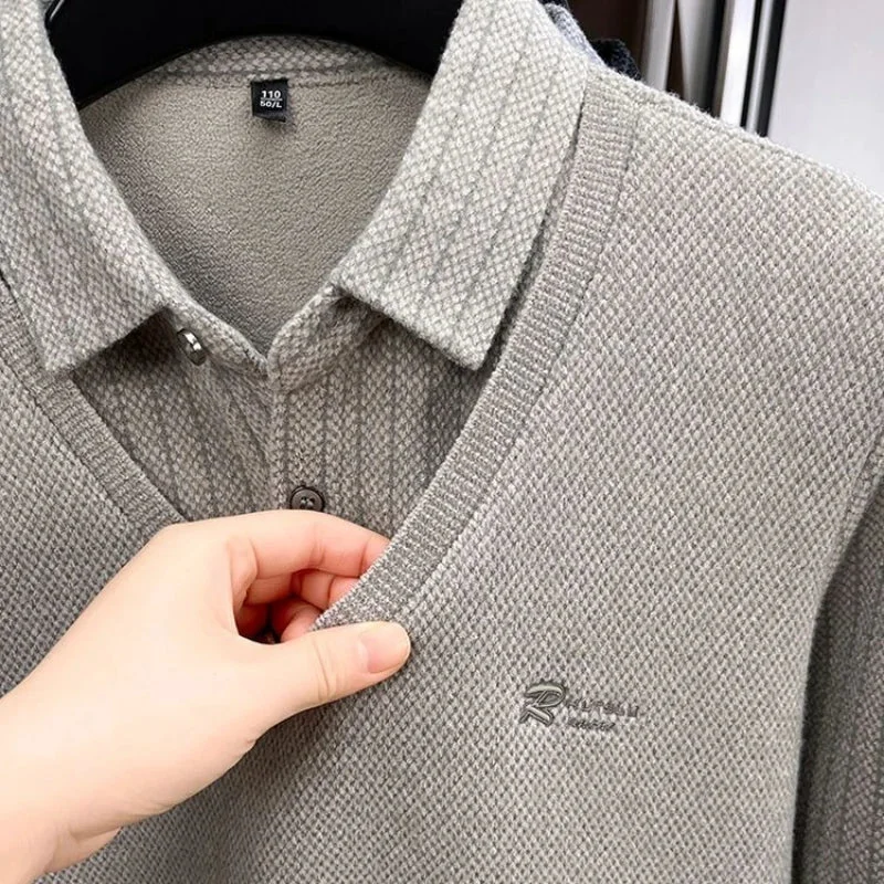 Contemporary Men’s Plush Sweater with Striped Design Button Lapel Fleece Lined Winter Pullover Durable