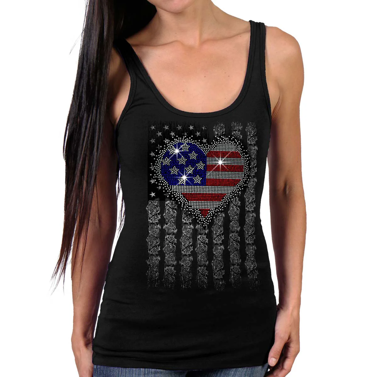Smooth Hot Leathers GLR2559 Ladies Black Heart Bling Flag Tank Top Shirt Reusable