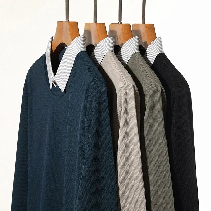Convenient Men’s Fake Two-Piece Polo Shirt – Long Sleeve Collar Knit Top Casual Fashion Sweater Eco-Friendly