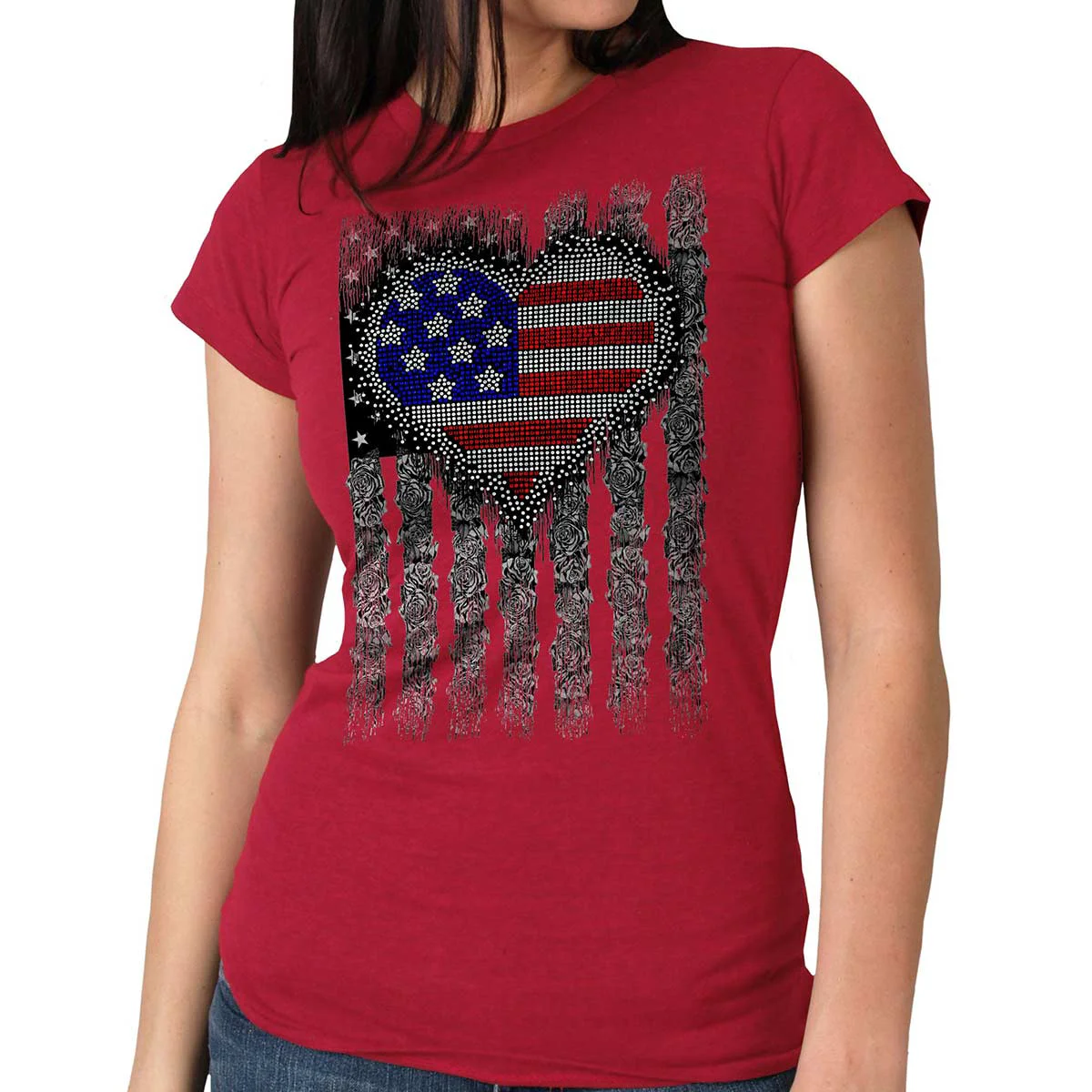 Natural Hot Leathers GLC1558 Ladies Antique Cherry Heart Bling Flag T-Shirt Healthy