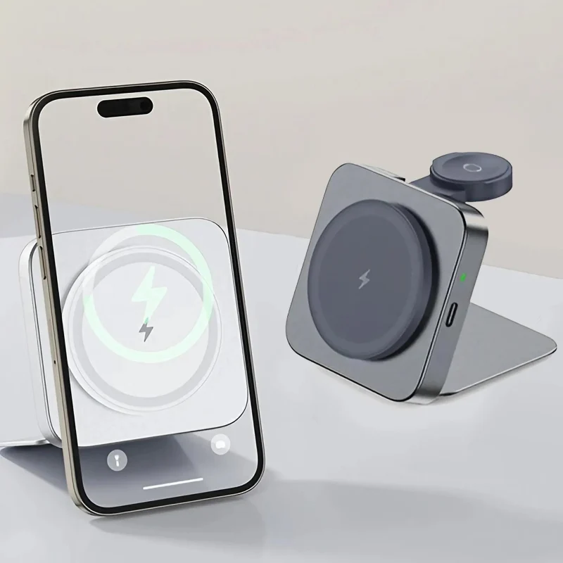 Trendy 15W Magnetic Wireless Charger 2-in-1 – Foldable Fast Charging Phone Stand with Portable Aluminum Design High-Grade