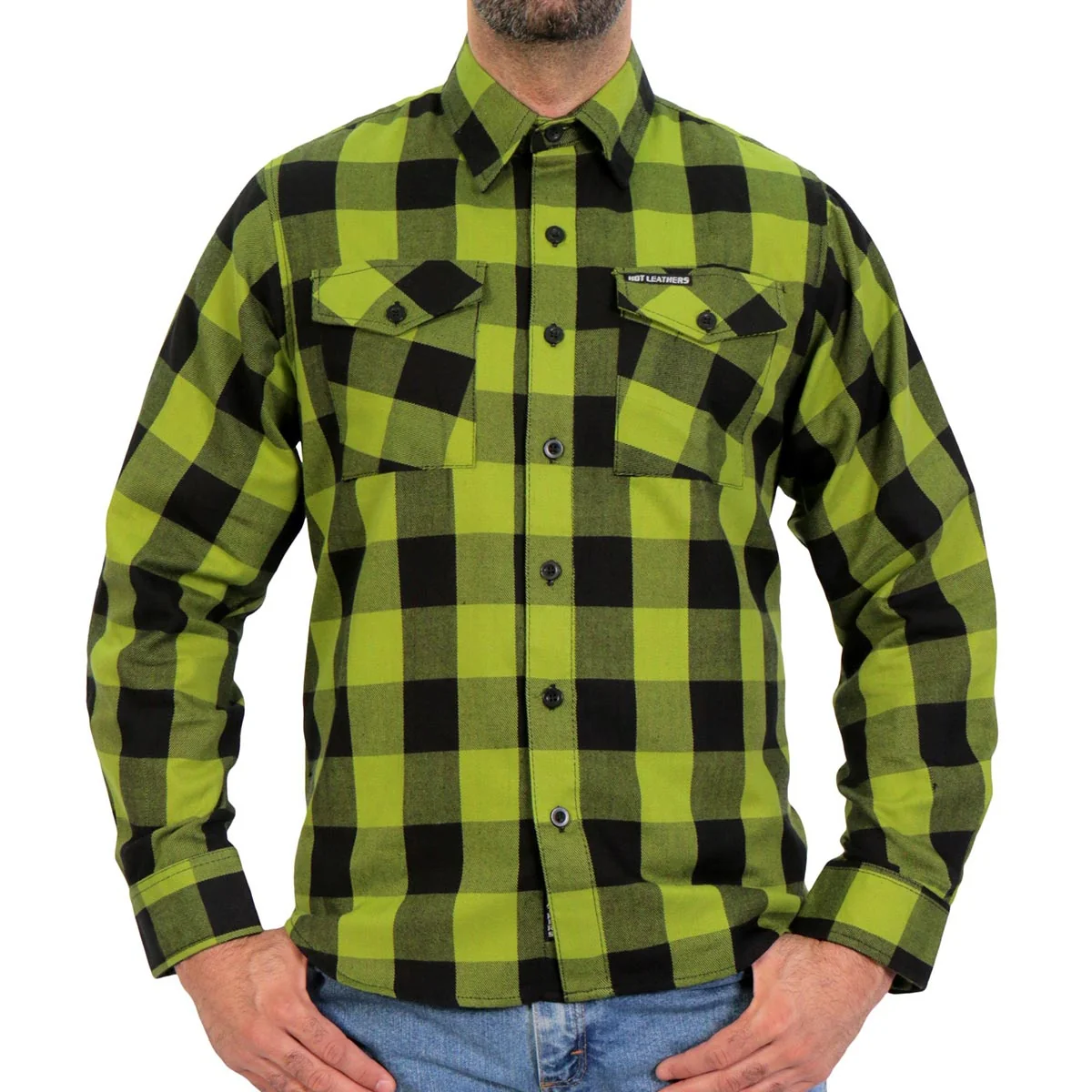 Long-Lasting Hot Leathers FLM2015 Men’s Black and Light Green Long Sleeve Flannel Shirt Powerful