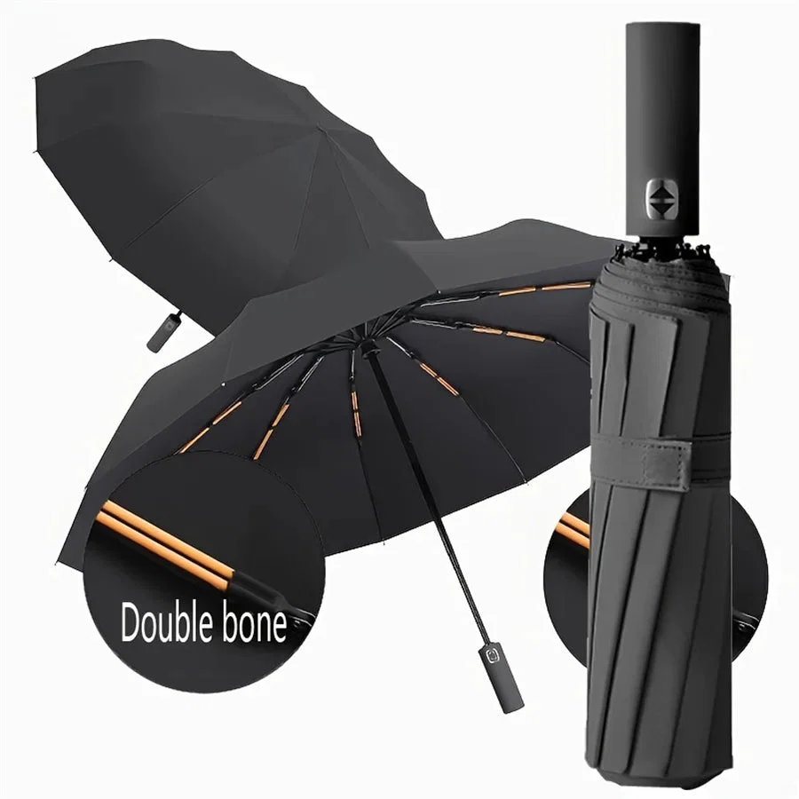 Flexible 12-Bone Auto-Open Folding Umbrella – UPF50 UV Rain Protection Black-Coated 190T Nylon Compact Umbrella Solid
