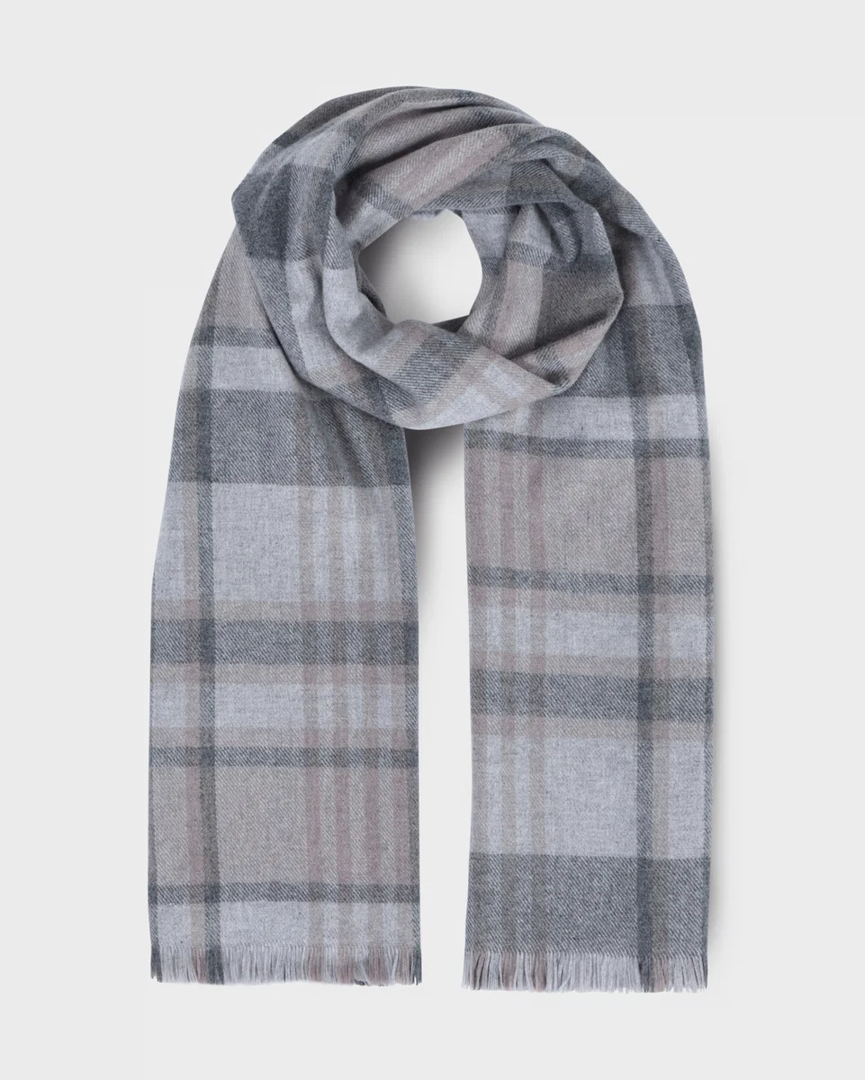Proven Foxford Grey and Mink Tartan Fine Wool Cashmere Blend Scarf Easy-to-Use