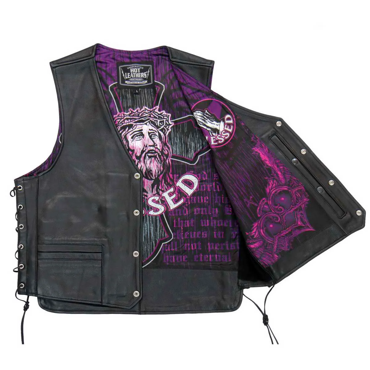 Authentic Hot Leathers M1063 Men’s Black ‘Blessed’ Conceal and Carry Side Lace Leather Vest Smart