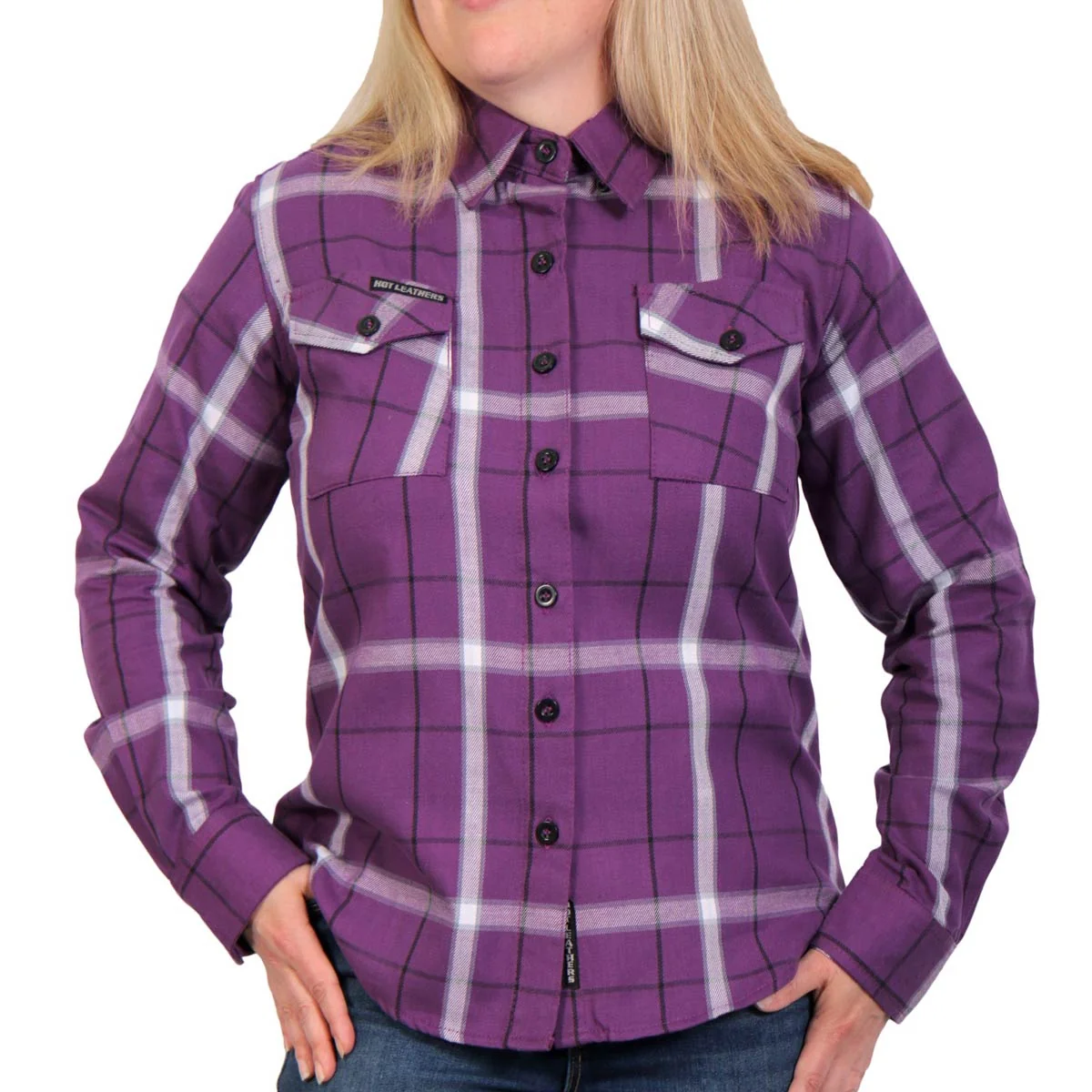 First-Class Hot Leathers FLL3010 Ladies Purple White and Black Long Sleeve Flannel Shirt Unique
