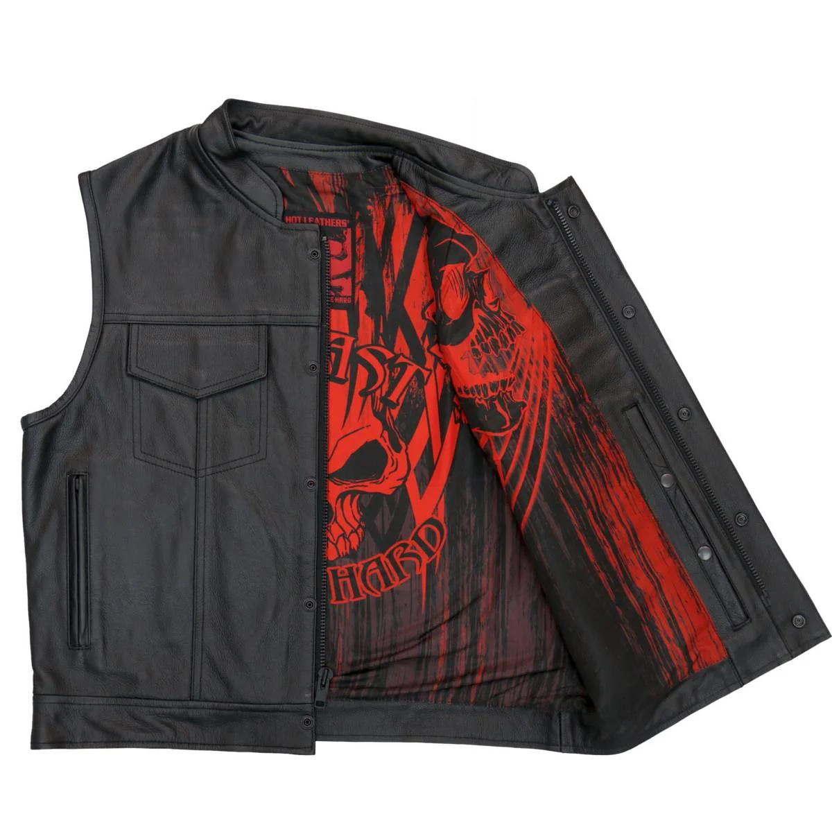 Long-Lasting Hot Leathers M1055 Men s Black Over The Top Skull Conceal and Carry Leather Vest Verified