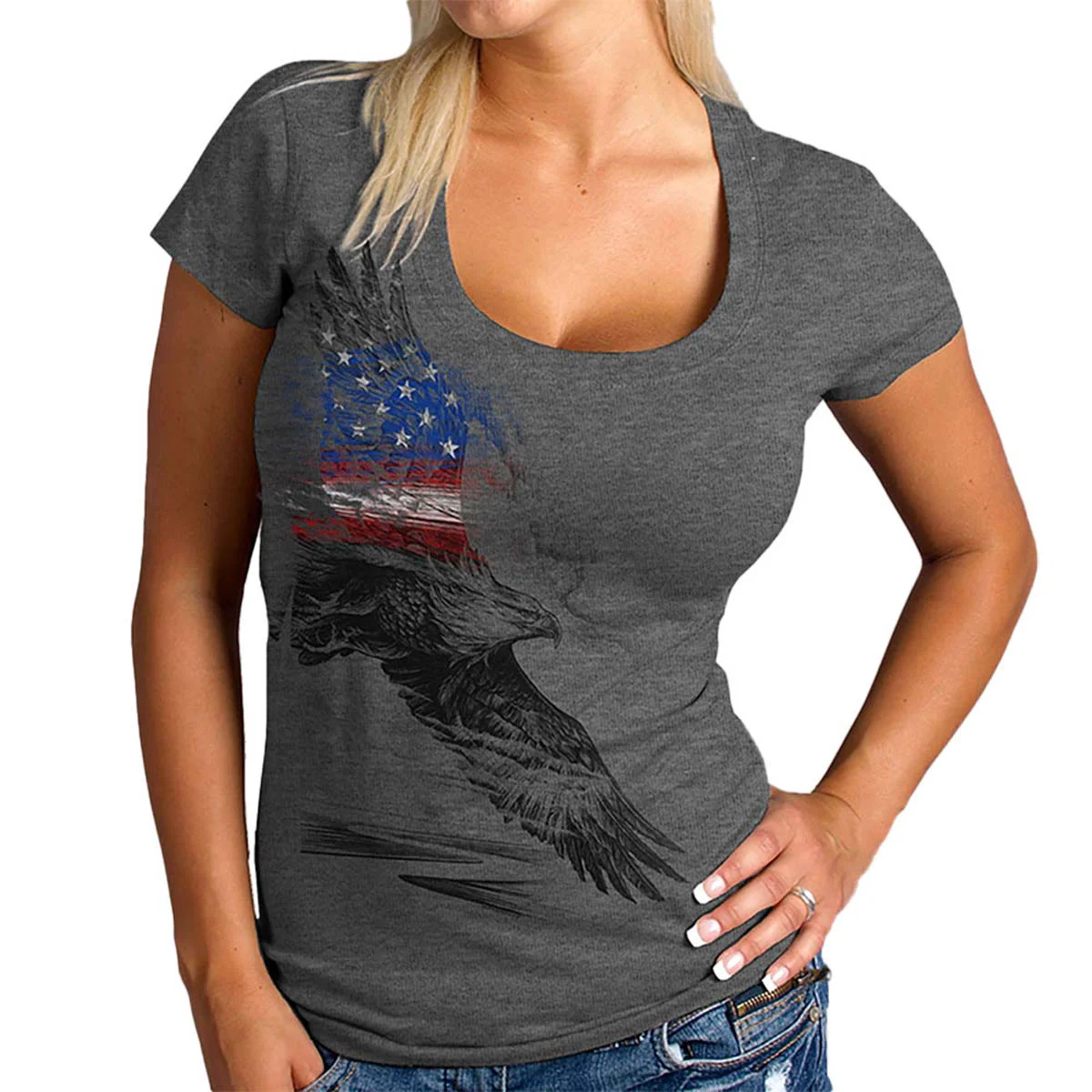 Flexible Hot Leathers GLR1529 Ladies Pencil Eagle Patriotic Short Sleeve Heather Dark Gray T-Shirt Solid