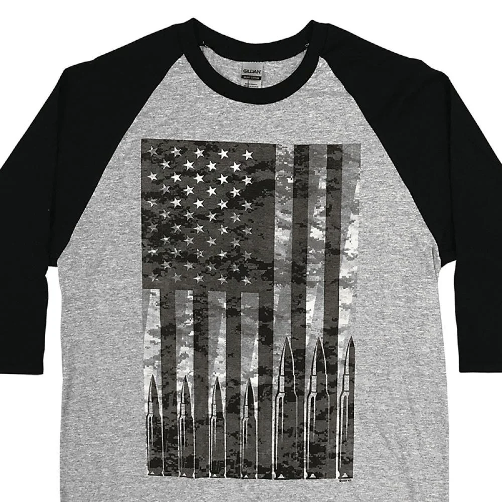 Advanced Hot Leathers GMS2486 Men’s Flag Bullets Raglan 3 4 Long Sleeve Heather Black Shirt Fast