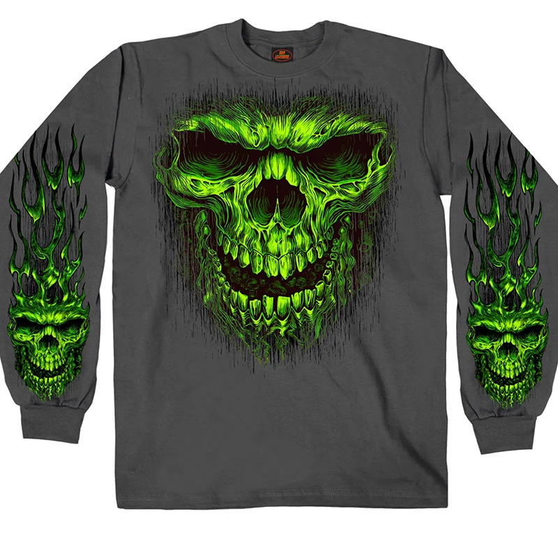 Proven Hot Leathers GMS2457 Men’s Shredder Skull Long Sleeve Charcoal Shirt Environmentally Friendly
