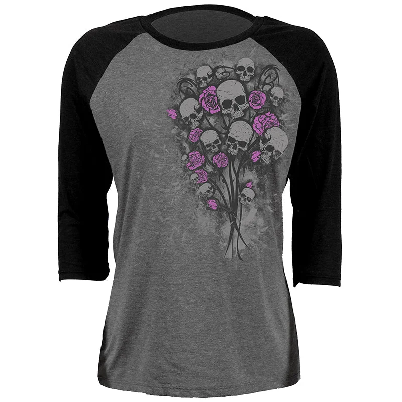 Elite Hot Leathers GLC3529 Ladies Gray and Black Skull Bouquet Raglan 3 4 Sleeve Shirt Authentic