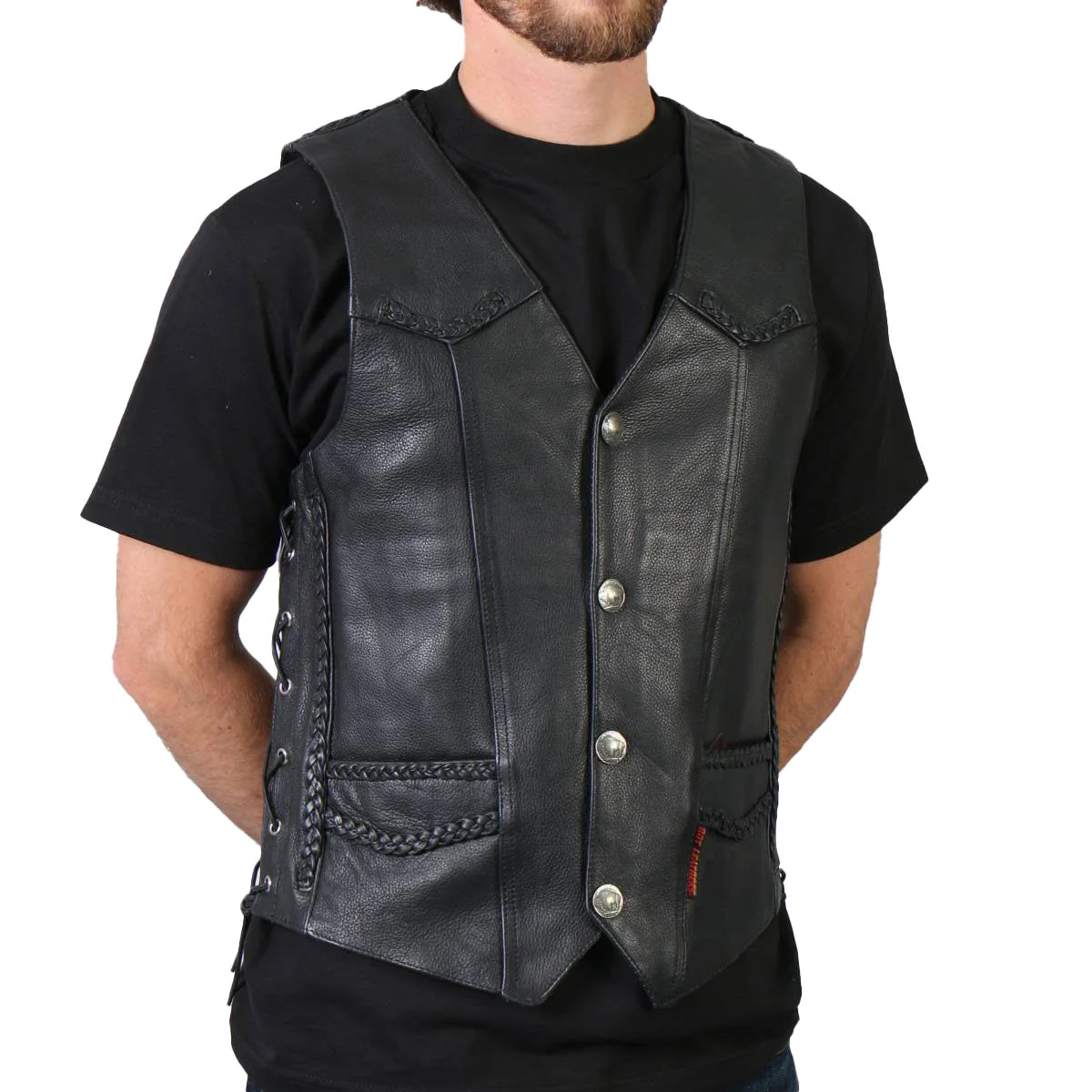 Innovative Hot Leathers M1008 Men’s Black ‘Buffalo Nickel Snap’ Leather Vest Official