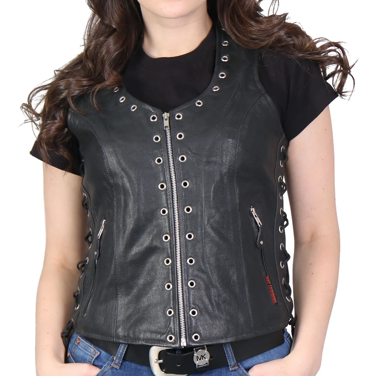 Powerful Hot Leathers L1009 Ladies Black Lambskin Vest with Grommet Accents Unique