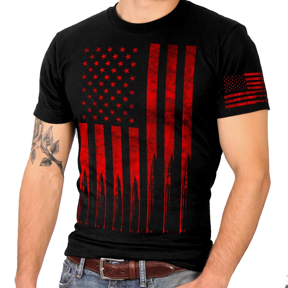 Practical Hot Leathers GML1002 Men s American Flag Bullets Black T-Shirt Minimalist