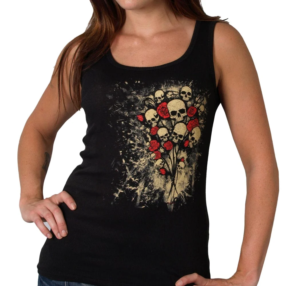 Certified Hot Leathers GLF2028 ‘Skull Bouquet’ Ladies Boy Beater Black Tank Top Shirt Long-Lasting