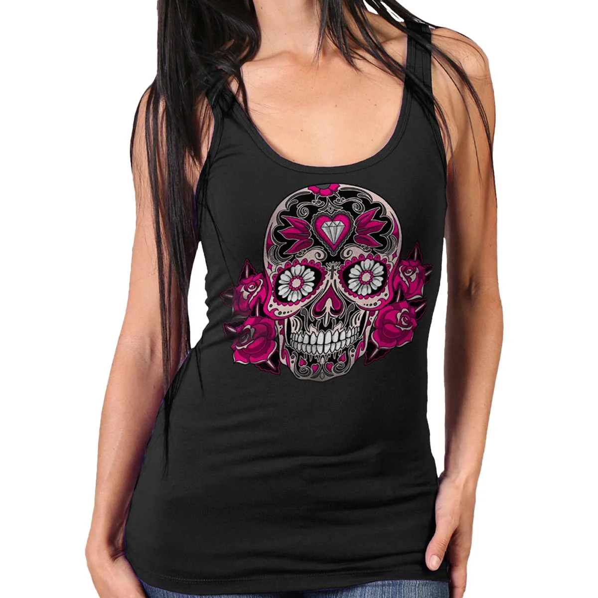 Authentic Hot Leathers GLC2363 Ladies Black Sugar Skull Thick Strap Tank Top Shirt Sustainable
